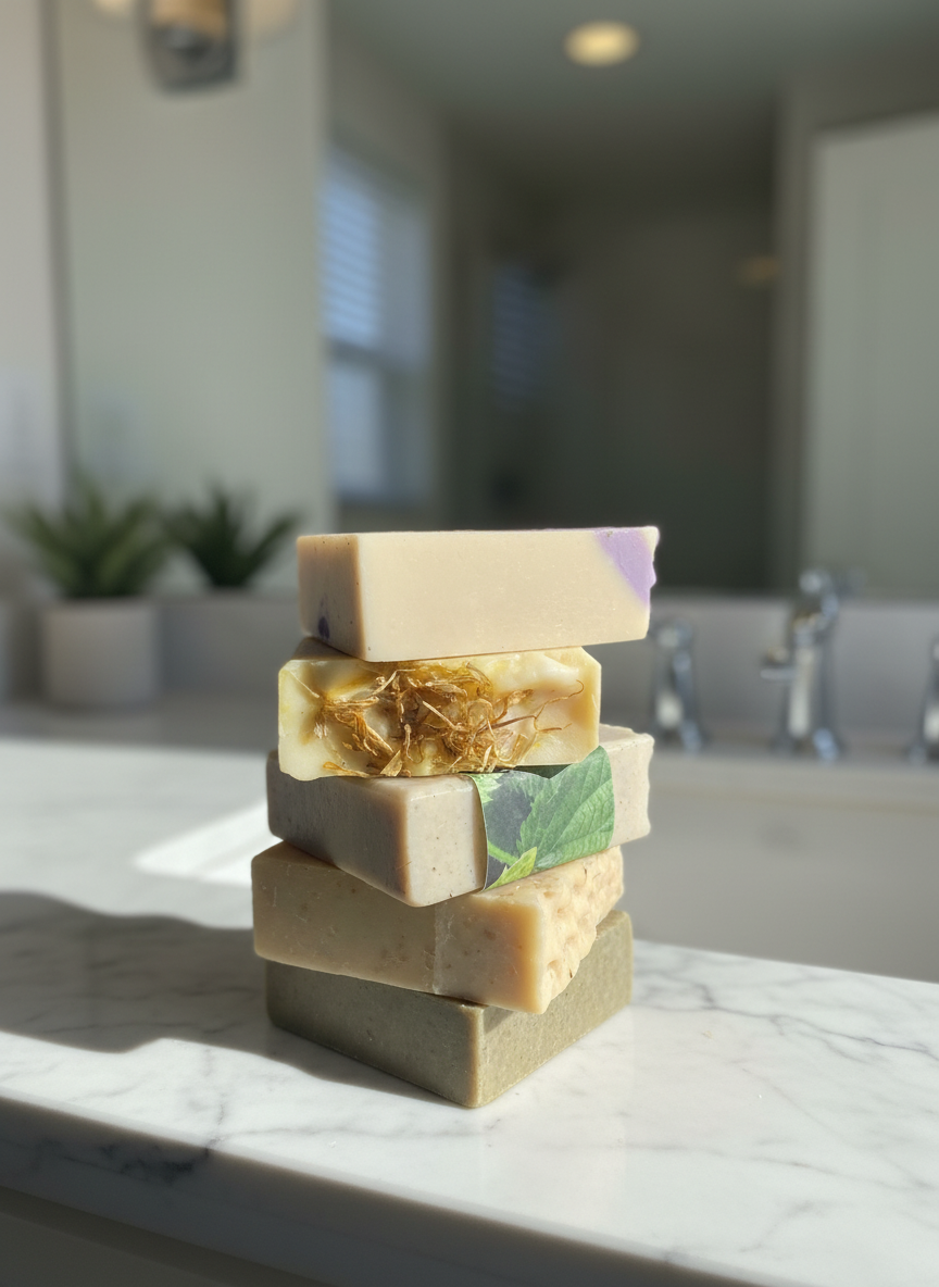 A stack of five handmade goats milk soap bars with botanical details, displayed on a white marble countertop in a softly blurred bathroom setting.