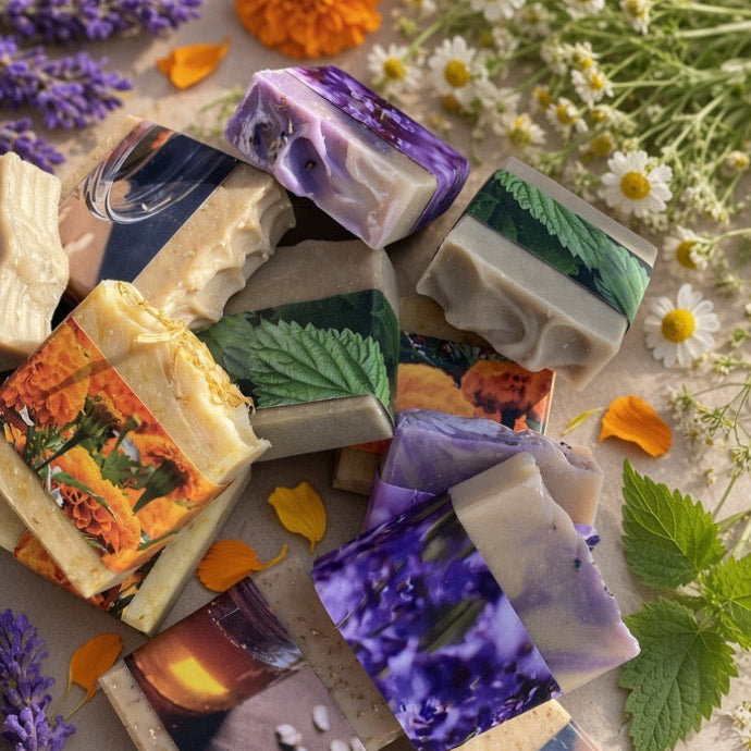 A styled flat-lay of multiple artisanal soap bars with colorful botanical and landscape patterns, surrounded by lavender sprigs, chamomile flowers, mint leaves, and orange petals on a neutral textured background.