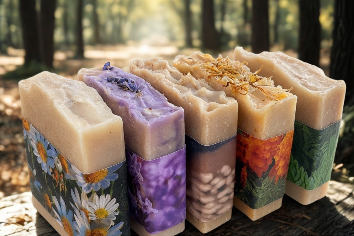 Five artisanal handcrafted soaps with floral paper bands are arranged in a row outdoors on a log, with a blurred forest background.