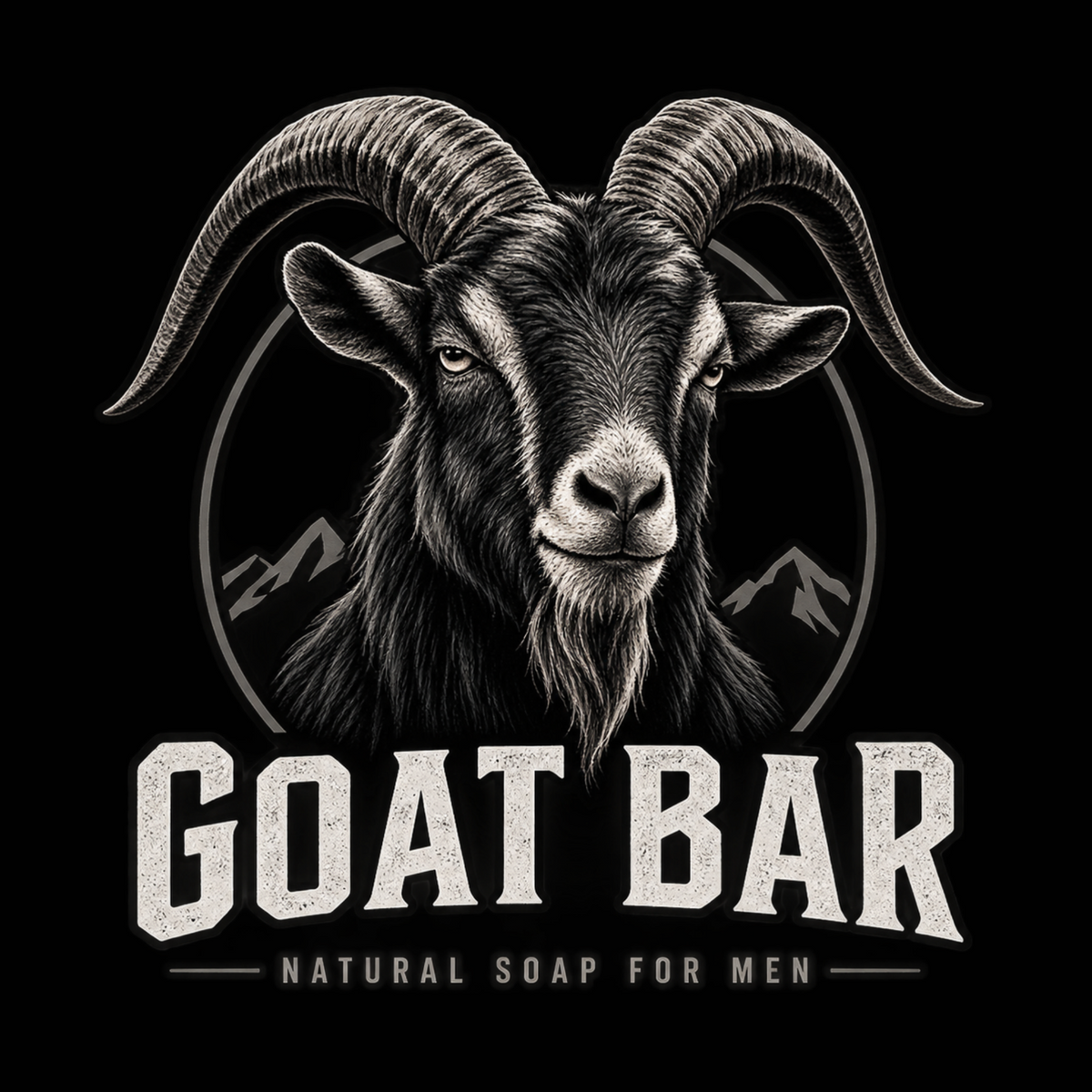 A black square graphic featuring a detailed monochrome illustration of a ram's head with large curved horns, above the text 'GOAT BAR' and smaller text 'NATURAL SOAP FOR MEN'.
