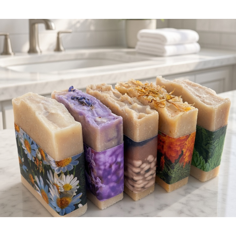 Five artisanal handmade soap bars with colorful floral and nature-themed paper sleeves, arranged on a white marble countertop in a bright bathroom setting.