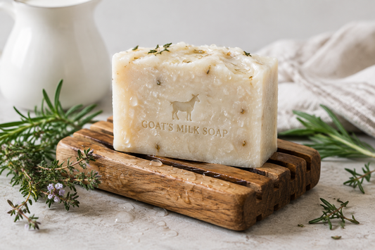 goats milk soap bar on a soap dish