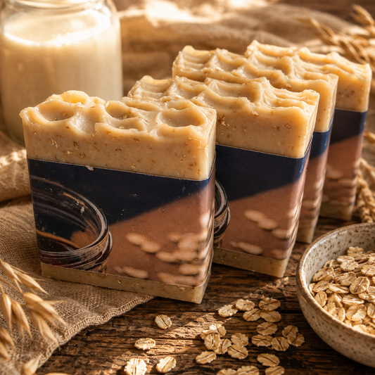 Three rectangular bars of oatmeal-colored handmade soap with a dark navy blue label, styled on a rustic wooden table with oats, a glass jar of milk, and burlap.