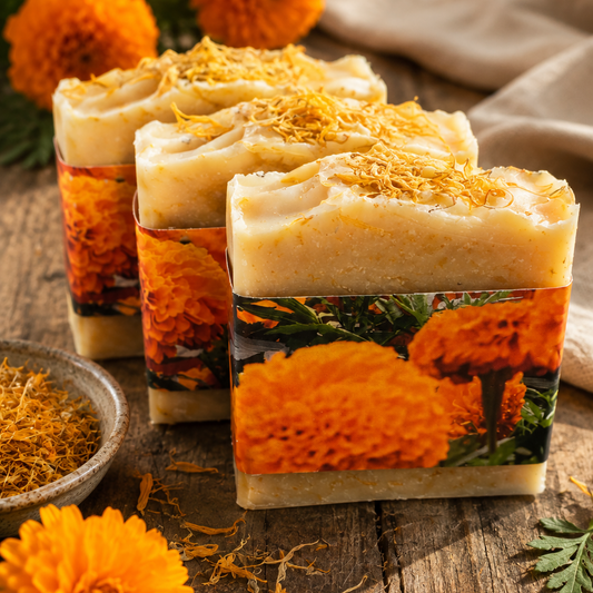 Three handmade soap bars wrapped in orange marigold floral paper bands, topped with dried orange flower petals, arranged on a rustic wooden table with marigold flowers and a small bowl of petals.