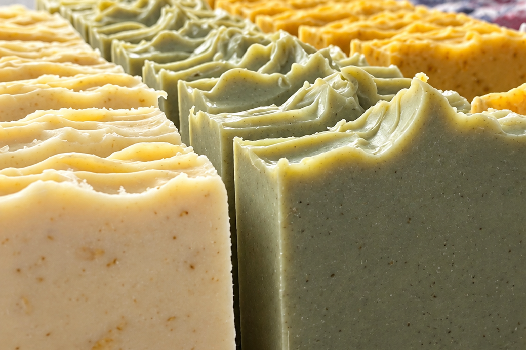 Multiple rectangular bars of handmade soap in pale yellow, sage green, and orange-yellow, arranged in rows on a wooden surface against a white brick wall background.