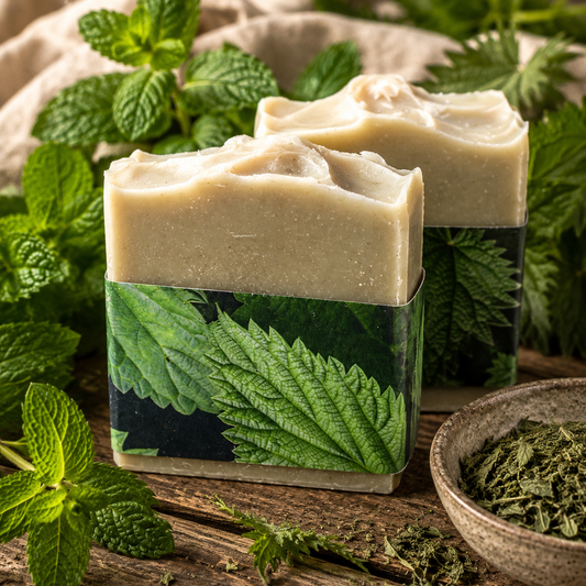 Two rectangular bars of handmade soap with mint green leaf-patterned wrappers, displayed on a rustic wooden table surrounded by fresh mint leaves and a small bowl of dried herbs.