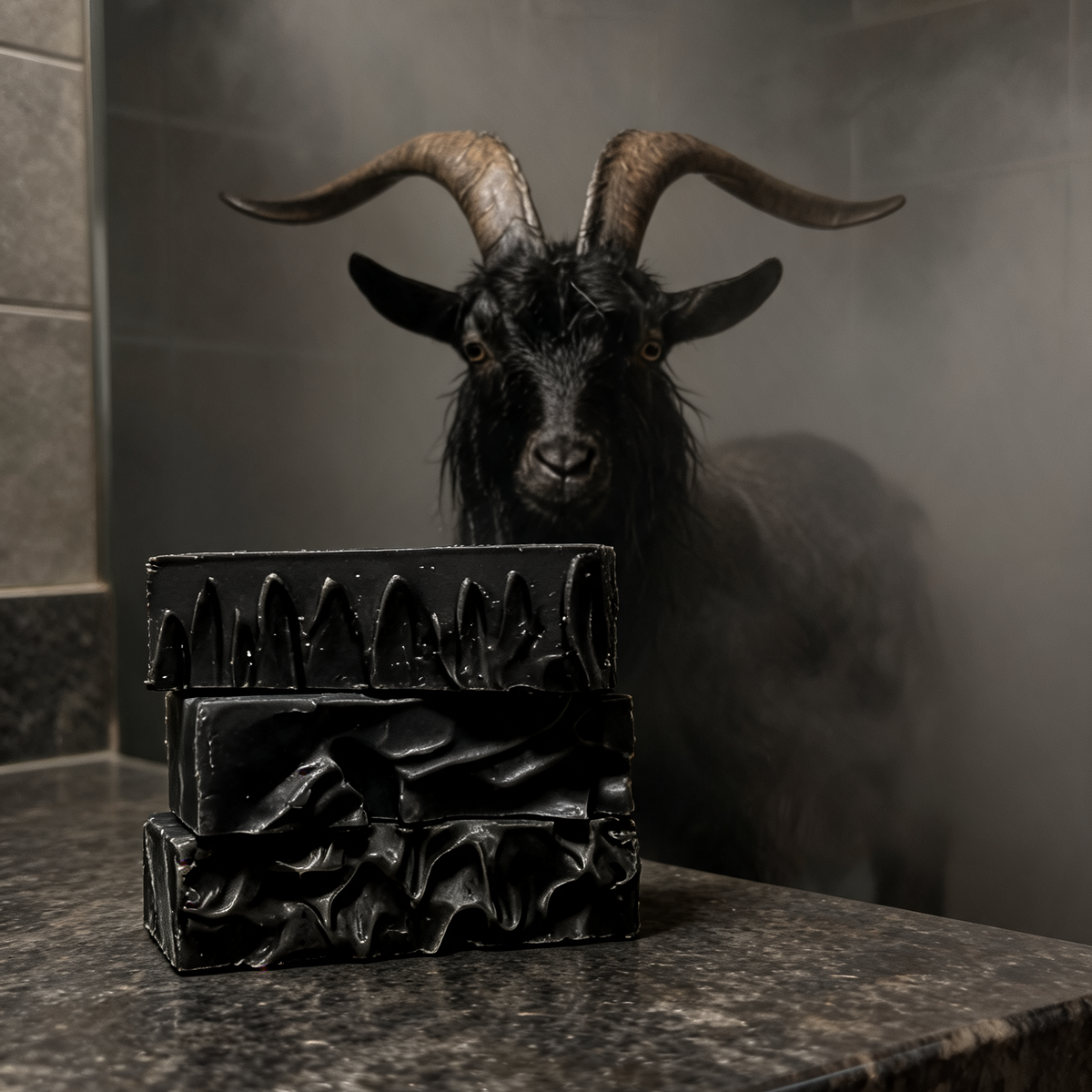 3 bars of goats milk charcoal black soap with a black horned goat in the background