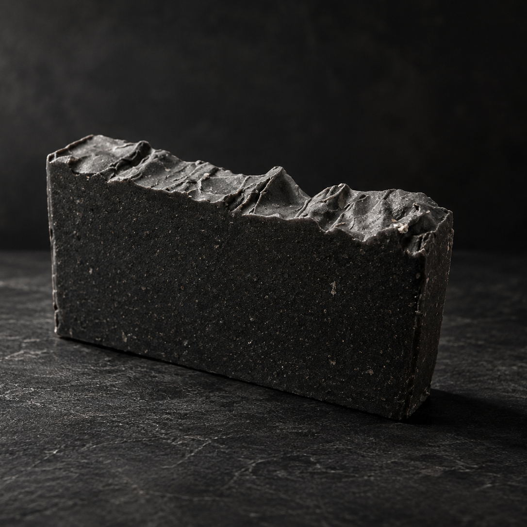 A rectangular bar of dark charcoal goats milk soap with a rough, textured surface and jagged top edge, standing upright on a dark slate surface against a dark background. Oud inspired soap for men