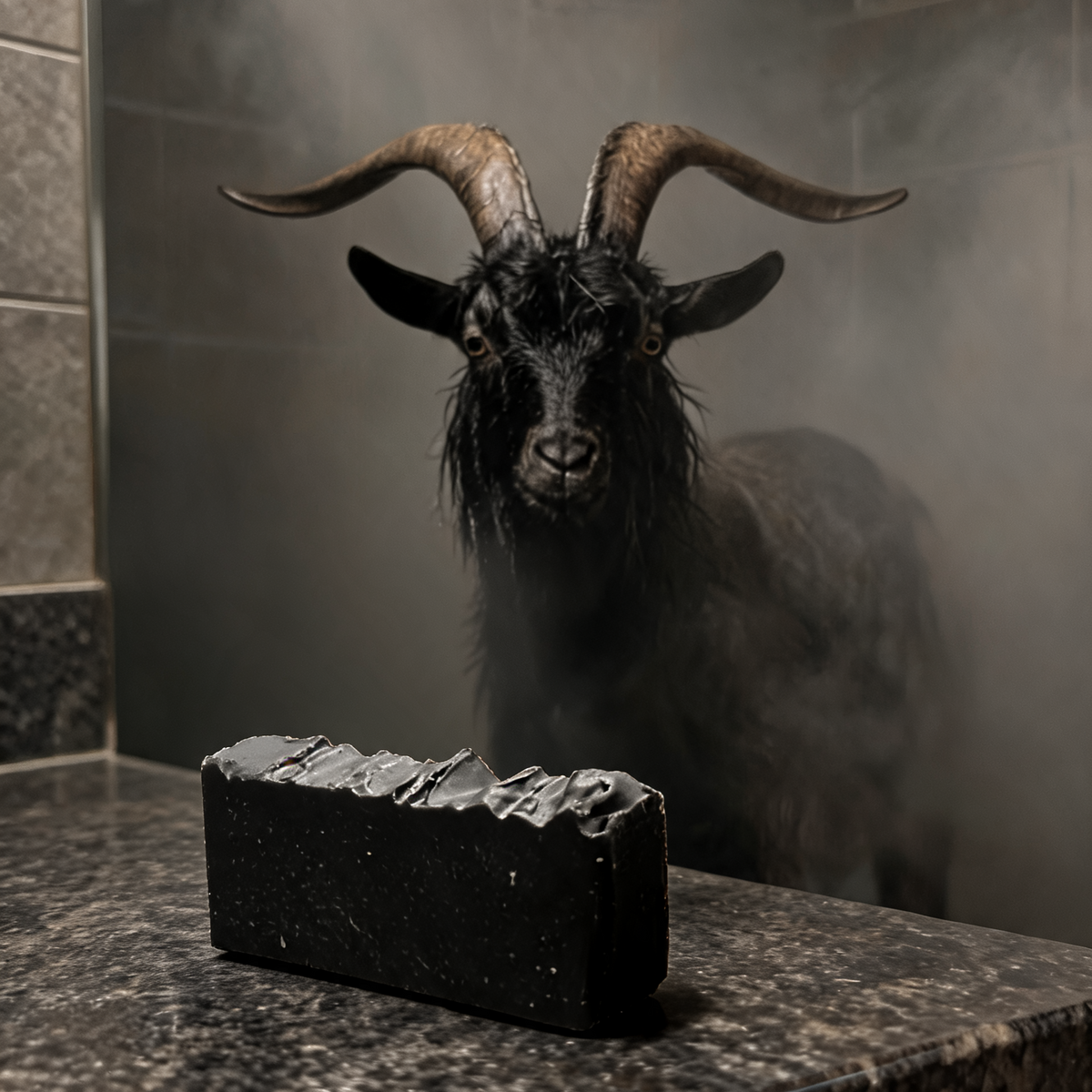 A black goat with curved horns stands in a smoky bathroom-like setting behind a dark stone countertop, with a rectangular black soap bar placed in the foreground.