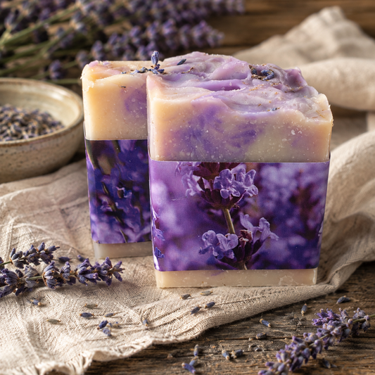 Two rectangular lavender soap bars with purple floral bands and lavender sprigs on top, styled on a rustic wooden surface with burlap fabric, dried lavender, and a small bowl of lavender.