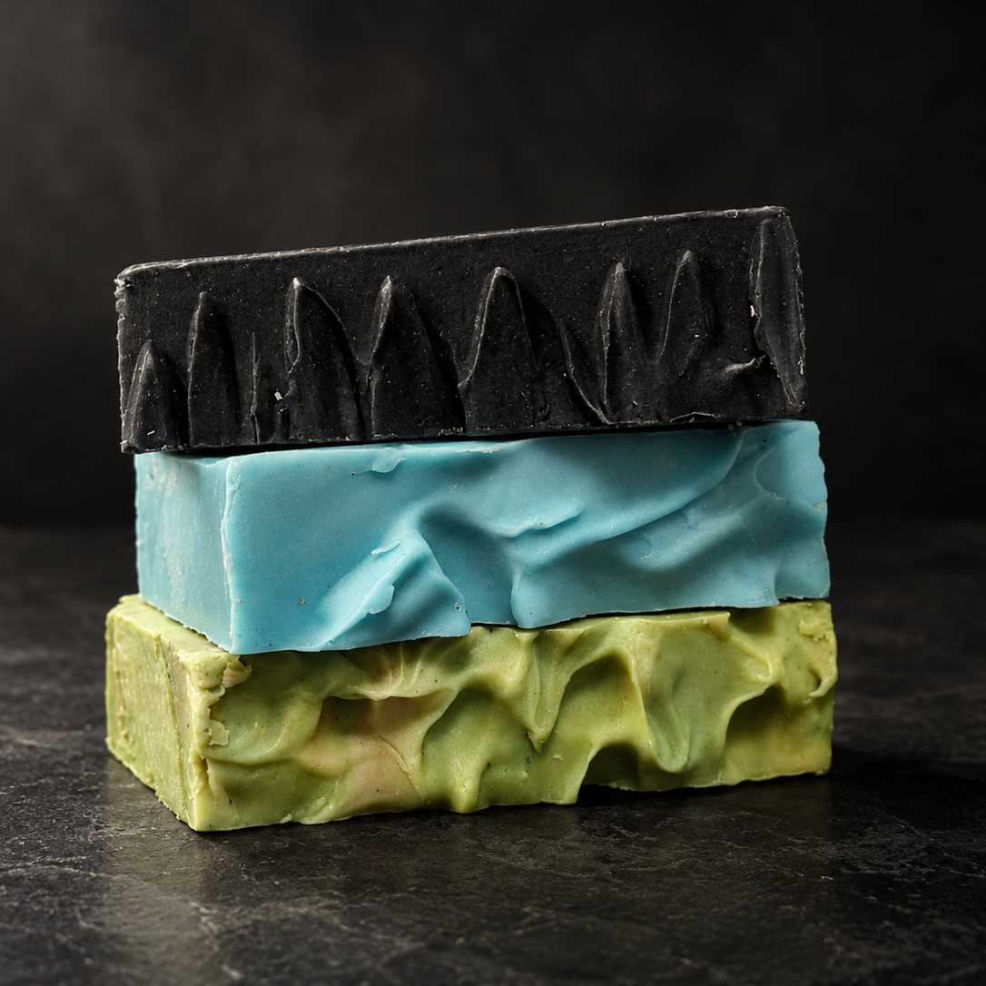 Three stacked rectangular bars of handmade goats milk soap in black, light blue, and olive green, photographed on a dark textured surface against a dark background.