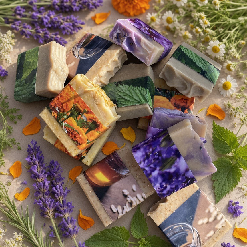 A styled flat-lay of multiple artisanal soap bars with colorful botanical and landscape patterns, surrounded by lavender sprigs, chamomile flowers, mint leaves, and orange petals on a neutral textured background.