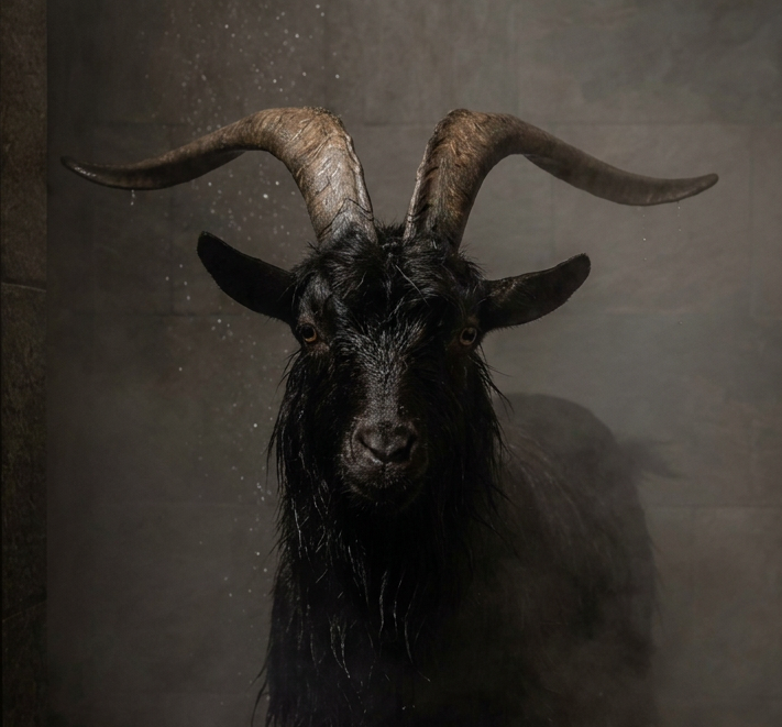 A wet black goat with curved horns standing in a dark, misty room, facing forward.
