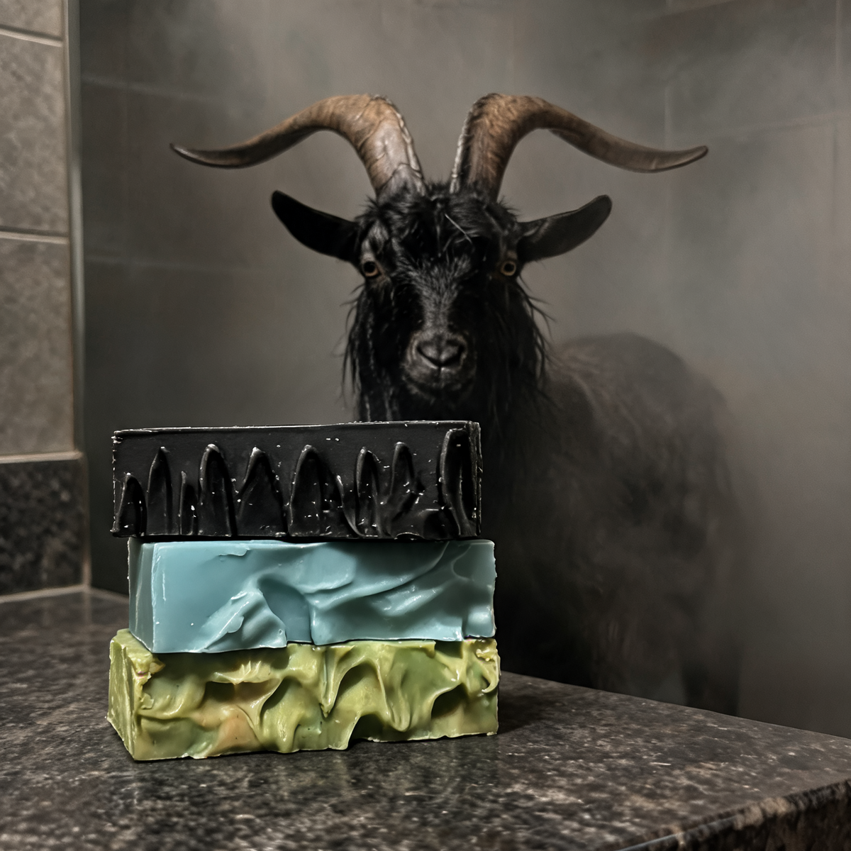 Three stacked artisanal bars of soap in black, light blue, and olive green, displayed on a dark granite countertop with a wet black goat behind them in a steamy bathroom setting.