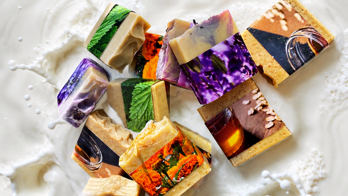 A group of artisanal printed soap bars arranged on a white splashy background. The soaps feature various colorful designs, including botanical leaf prints, abstract patterns, and photographic scenes.
