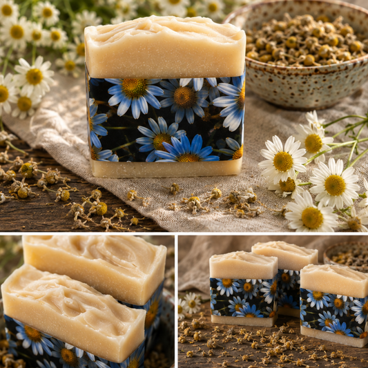 Three-panel collage showing handmade rectangular soap bars with cream-colored tops and blue-and-white daisy floral bands, styled with chamomile flowers and a bowl of dried chamomile seeds on a rustic wooden surface.