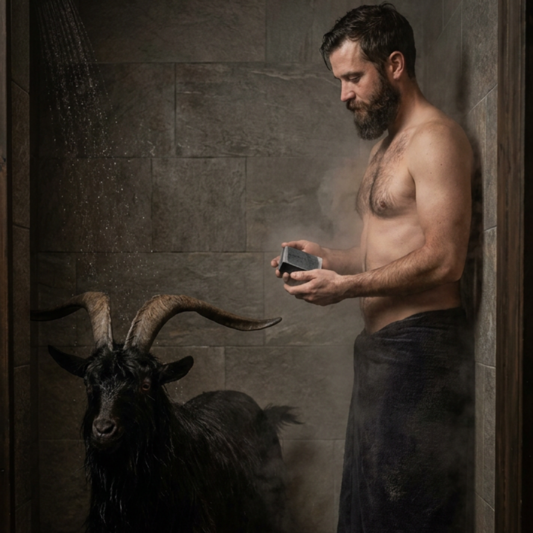 A shirtless bearded man wrapped in a dark towel stands in a shower while holding a small bottle, with a large black goat standing beside him in a tiled shower enclosure.