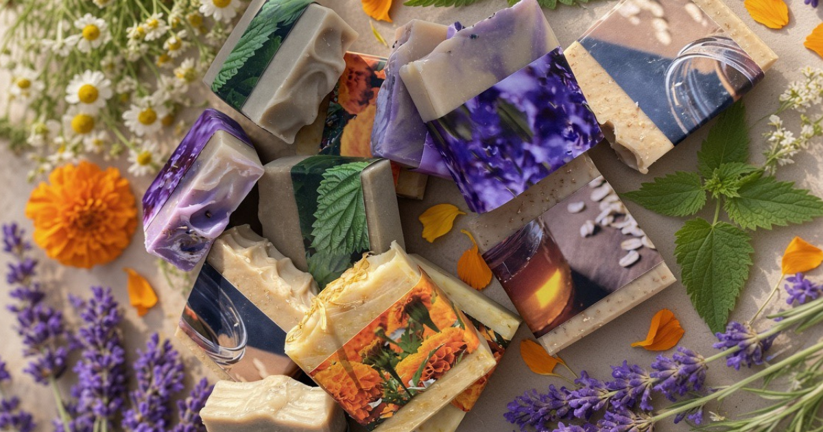 An assortment of artisanal printed and marbled soaps arranged in a flat-lay composition with botanical elements like lavender, mint, chamomile flowers, and orange petals on a neutral background.