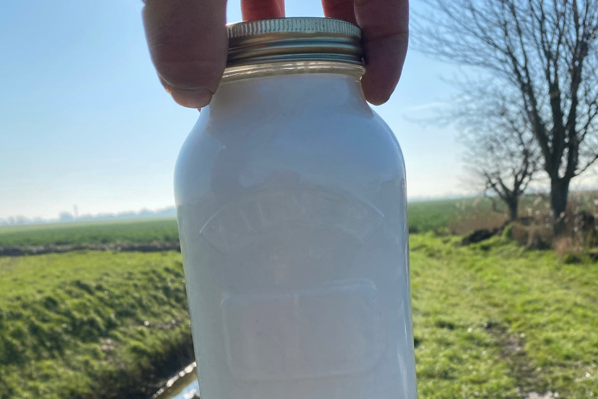 A hand holding a white glass mason jar with a metal screw lid against an outdoor rural background with green fields, a small stream, and bare trees.