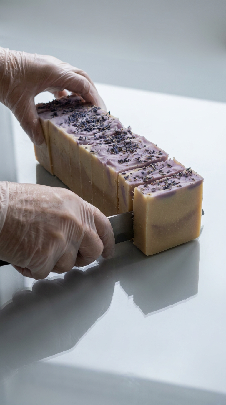 A person wearing clear disposable gloves uses a knife to cut a rectangular bar of lavender soap on a glossy white surface.