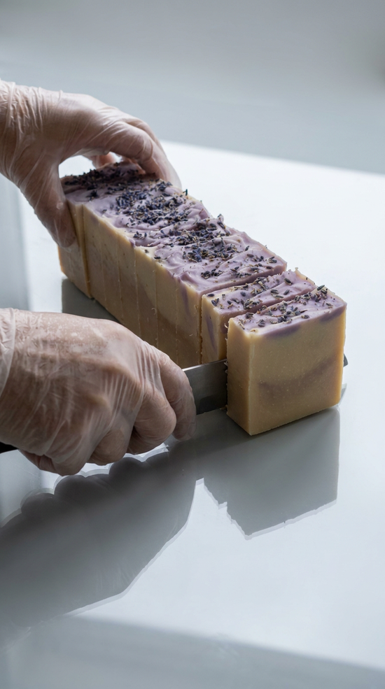 A person wearing clear disposable gloves uses a knife to cut a rectangular bar of lavender soap on a glossy white surface.