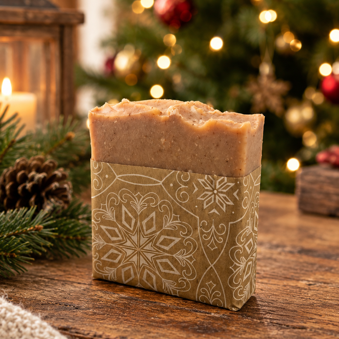 A rectangular bar of handmade goats milk soap in a tan kraft paper sleeve with a white snowflake pattern, set on a rustic wooden table with a blurred Christmas tree and warm lights in the background.