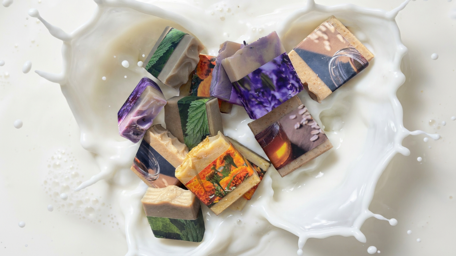 Multiple rectangular bars of artisanal soap with colorful printed designs, arranged in the center of a white milk splash on a white surface.