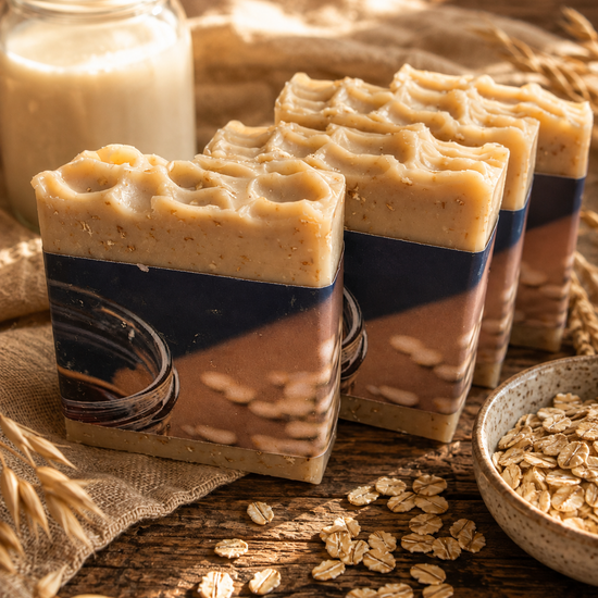 Three rectangular bars of oatmeal-colored handmade soap with a dark navy blue label, styled on a rustic wooden table with oats, a glass jar of milk, and burlap.
