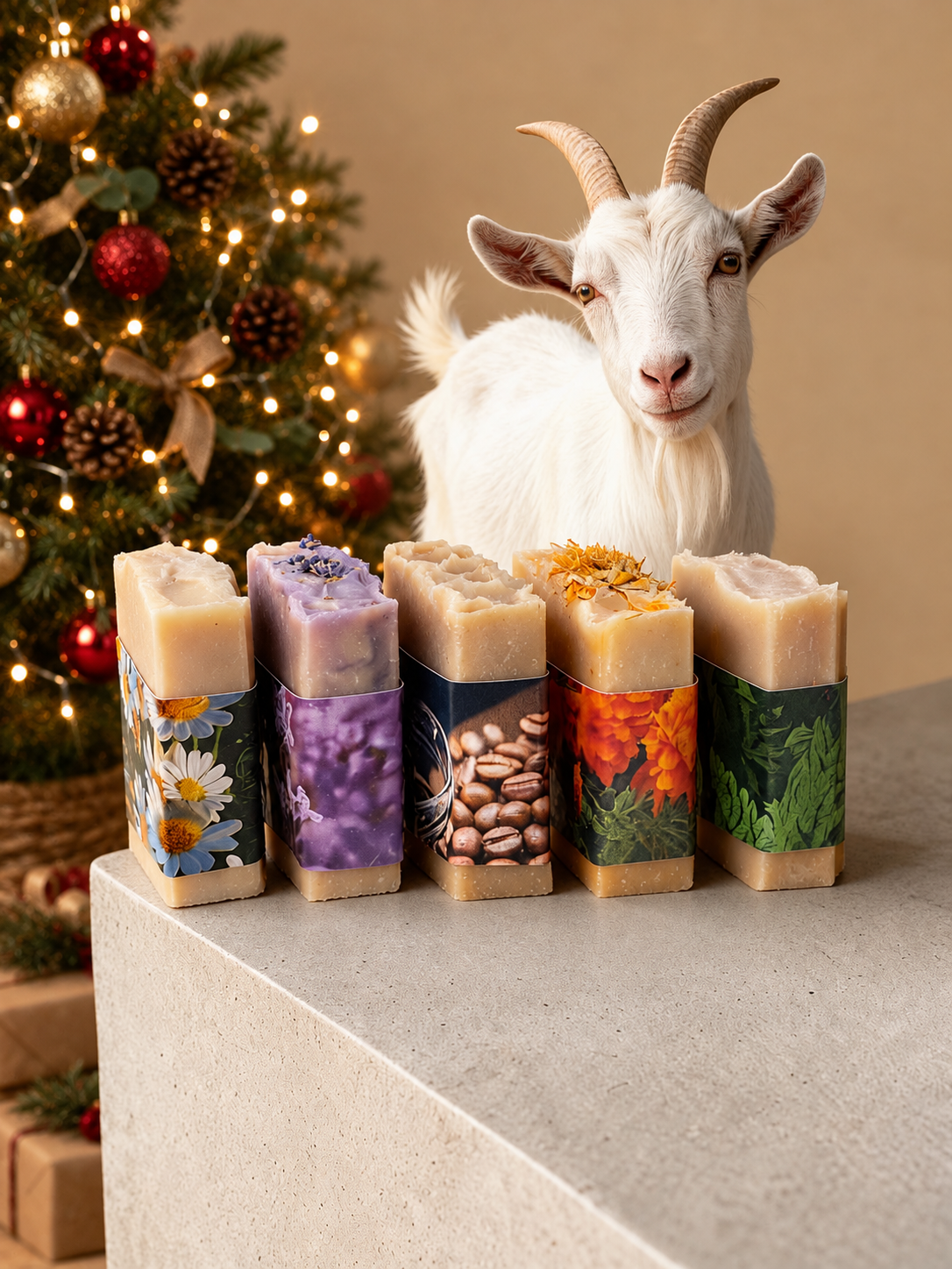 goat near an xmas tree and soap bundle