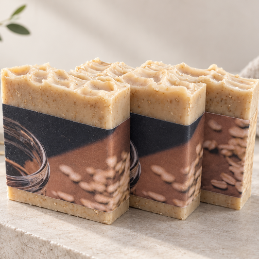 Three handmade honey and oat goats milk soap bars with a brown and beige grain pattern and a dark paper label, displayed on a light stone surface with natural background elements.