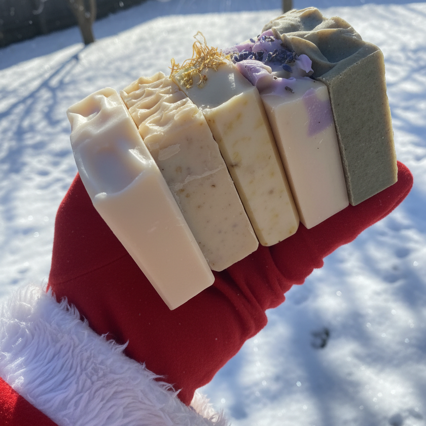 Five artisanal handmade goats milk soap bars in various colours and textures are held in a hand wearing a red Santa hat glove, set against a snowy outdoor background with trees in the distance.