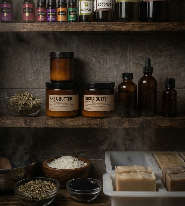 A styled shelf display of natural skincare and body care products, including small dropper bottles of oils, jars of shea butter and cocoa butter, bowls of ingredients, and bars of soap, arranged on rustic wooden shelves against a dark textured wall.